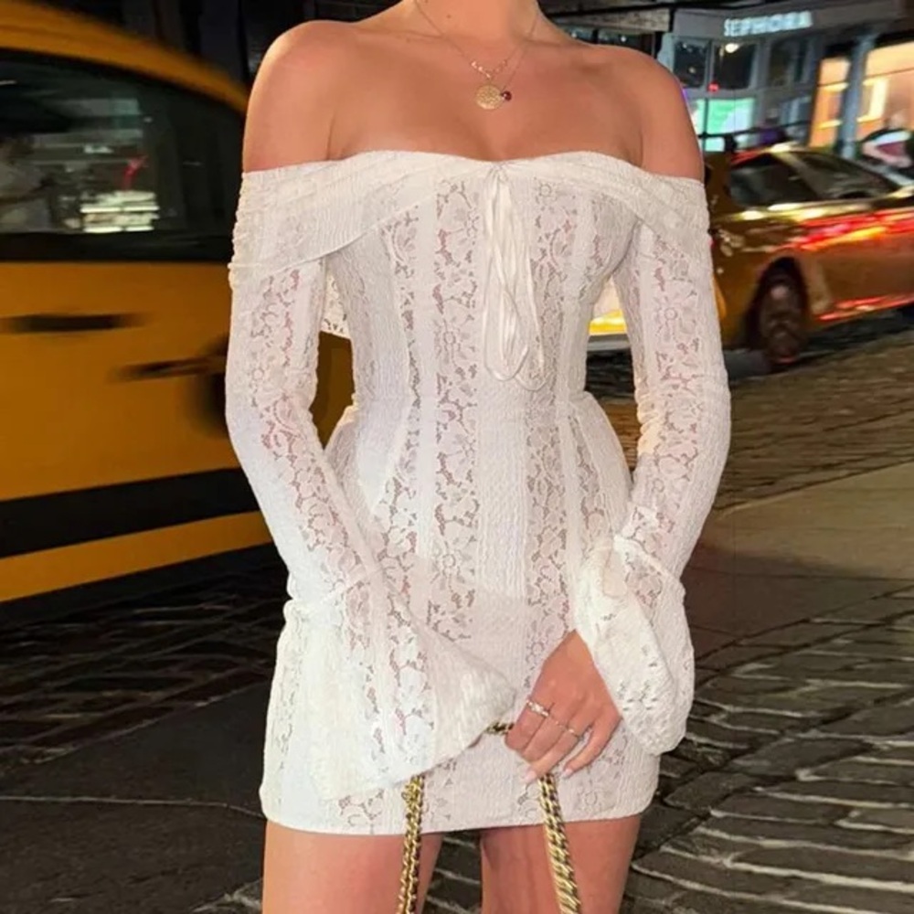 House of CB Sadie Vintage Cream Floral Lace Off Shoulder Mini Dress NWOT‎ size L - Picture 12 of 16